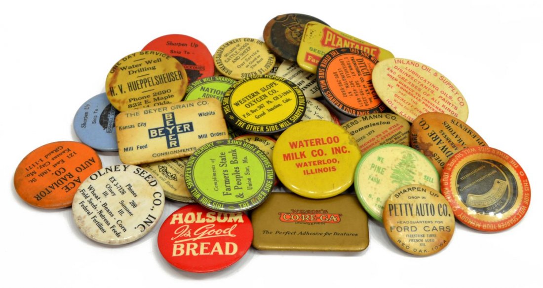 (30)VINTAGE CELLULOID ADVERTISING KNIFE SHARPENERS: (lot of 30) Collection of vintage knife sharpening stones set in celluloid advertising backs, advertisers include banks, Ford car dealer, bag company, stockyards, , hardware, political, auto repair, m
