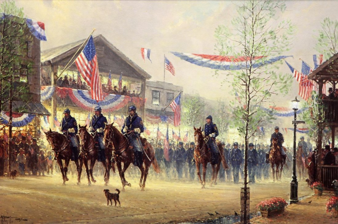 G. HARVEY, TEXAS "MOMENT OF GLORY" CIVIL WAR PRINT: Framed signed limited edition print, "Moment of Glory", signed lower left G. Harvey (G. Harvey Jones, Texas, b. 1933), numbered 2249 of 12500, sight: 17.5"h, 26.5"w, overall: 29.5"h, 38.5"w, 17lbs Sta
