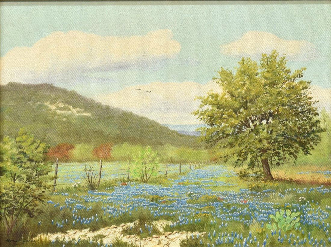 MANUEL GARZA (TEXAS, B. 1940) FIELD OF BLUEBONNETS: Framed oil painting on canvas, Texas Bluebonnets, signed lower left Manuel Garza (Texas, b. 1940), remnants of Country Store Gallery, Austin tag at verso, sight: 8.5"h, 11.5"w, overall: 8"h, 20.75"w,