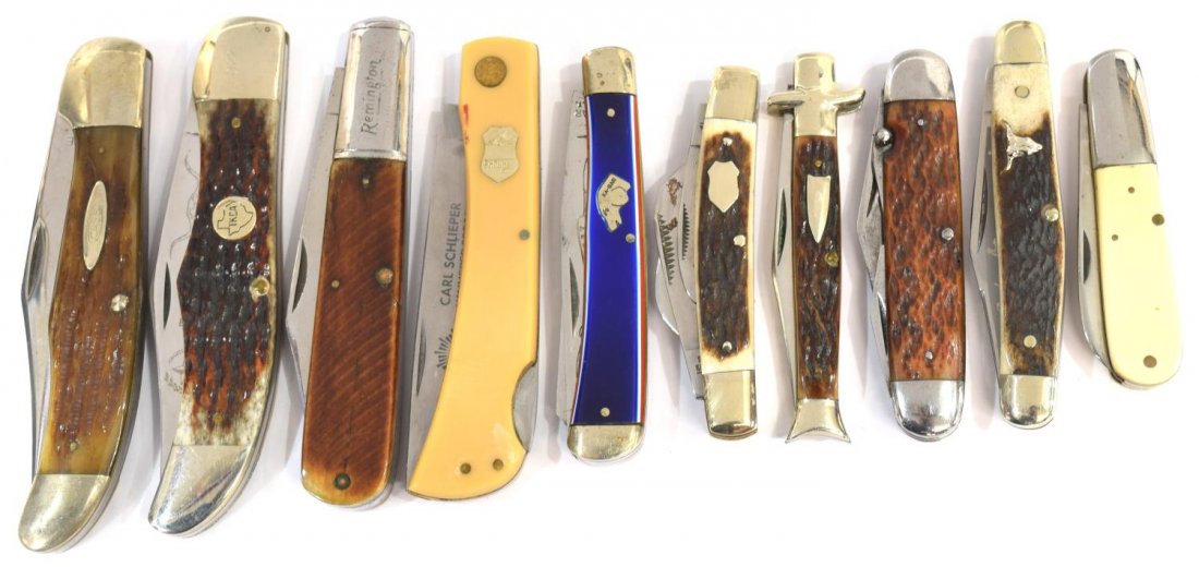(10) POCKET KNIVES, CASE, WINCHESTER, NEW YORK: (10) Pocket knives: (1) Case, Bradford, Tested XX, #6391, three blades; (1) Case, Tested XX, two blades: (1) New York Knife Company, three blades; (1) Winchester, two blades; (1) Winchester, #2940, tw