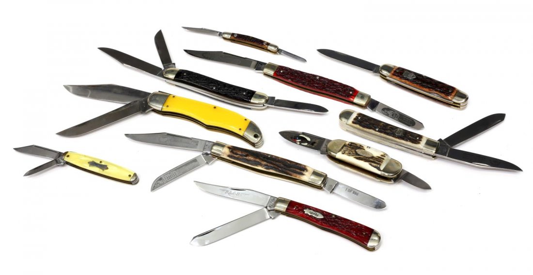 (10) POCKET KNIVES, BERTAM, SCHRADE, SCHLIEPER: (lot of 10) Pocket knives: (1) Schrade, #225Y, two blades; (1) Bertram Cutlery, three blades; (1) Schlieper, #J-DS, two blades; (1) Schlieper, three blades; (1) Bertram Cutlery, two blades; (1) Kinfol