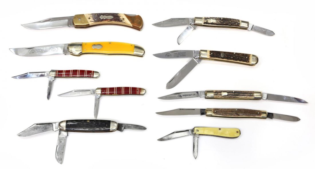 (10) POCKET KNIVES, SCHLEIPER, SCHRADE, KLEIN: (lot of 10) Pocket knives: (1) Schrade +, USA, #LB7, one blade; (1) Winchester, three blades; (1) Schlieper, yellow, one blade; (1) Kutmaster, two blades; (1) Bulldog 1998, two blades; (1) Klein Tools