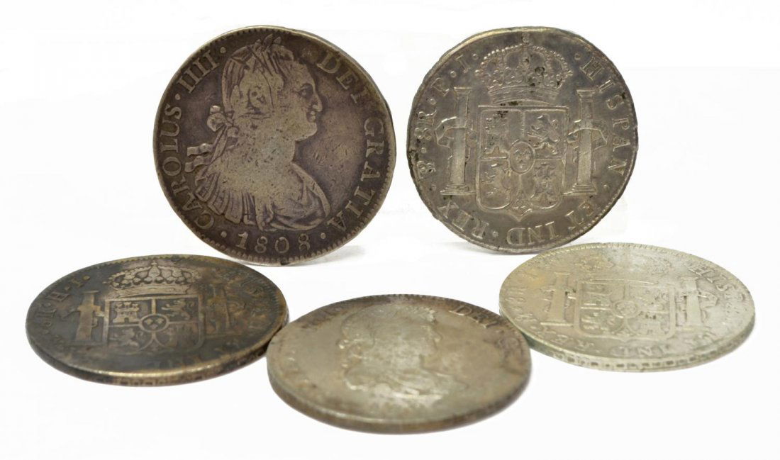 (5) SPANISH COLONIAL CAROLUS COINS, 8 REALES: (lot of 5) Spanish Colonial Carolus coins, eight reales silver, Mexico 1808, 1809, 1813, 1819, 1820, Start Price: $100.00