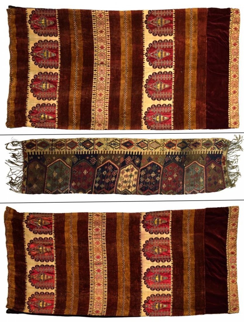 (3) GROUP OF ANTIQUE TEXTILES: (lot of 3) Antique textiles: (pair) curtains, approx 86"l, 43.5"w; (1) rug fragment, several small holes, loss, approx 121"l, 34.5"l; 22.5lbs total Start Price: $60.00
