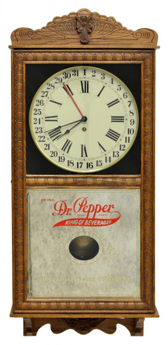 VINTAGE DR. PEPPER 8-DAY REGULATOR WALL CLOCK: Vintage Dr. Pepper oak 8-day regulator wall clock, oak case enclosing pendulum, retaining key, operating at this time, approx 37"h, 15.75"w, 5.5"d, 15.75lbs Start Price: $80.00