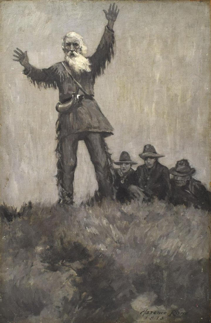 CLARENCE ROWE (CONNECTICUT 1878-1930) ILLUSTRATION: Unframed oil on canvas, The Surrender, 1913, signed lower right Clarence Rowe (Connecticut 1878-1930), laid on new canvas, 28"h, 18"d, 2.25lbs Start Price: $80.00
