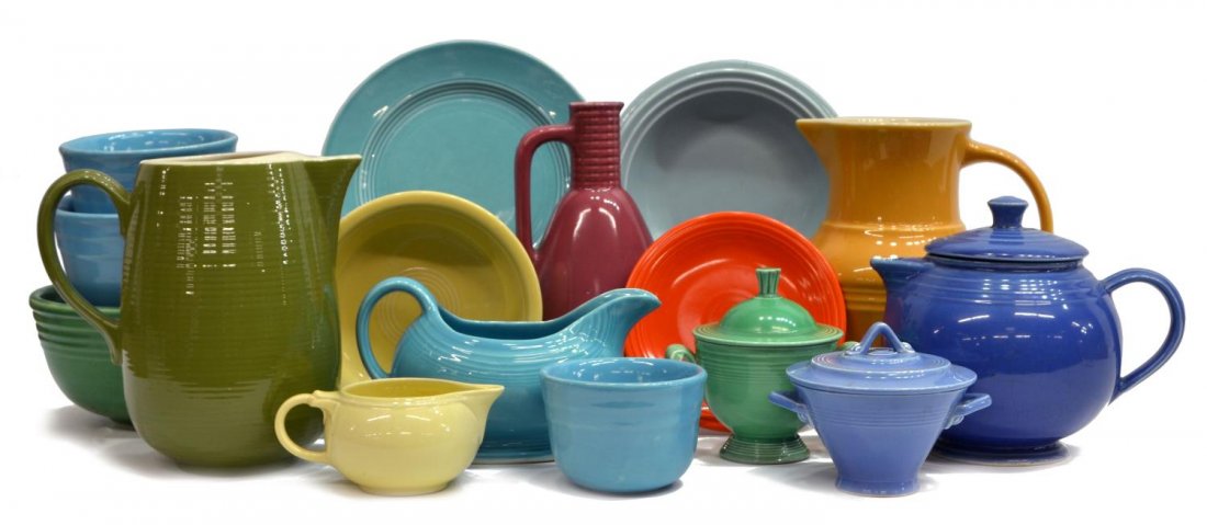 (16) COLLECTION OF VINTAGE FIESTAWARE TABLE ITEMS: (lot of 16) Collection of vintage Fiesta Ware and Fiesta Ware style table items, comprising: (1) Fiesta Ware light blue gravy boat; (1) Fiesta Ware green covered sugar bowl, minor chip to finial; (1)