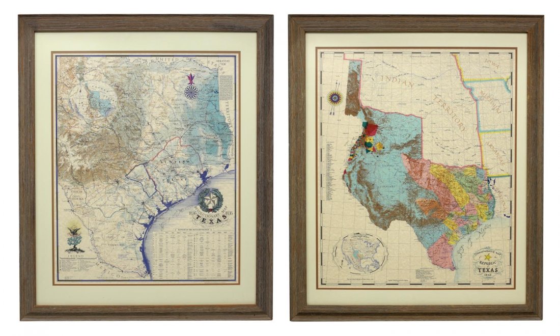 (2) FRAMED REPRODUCTION TEXAS REVOLUTION MAPS: (lot of 2) Framed reproduction maps of Texas, late 20th c., comprising: (1) Texas 1836 Revolutionary map, depicting battle sites; (1) Texas Republic 1845 map; each sight: 30"h, 24"w, overall: 40"h, 33