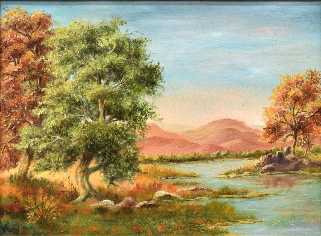 FRAMED SIGNED OIL PAINTING, COUNTRY STORE GALLERY: Framed oil painting on canvas, Trees, River, Hills, signed lower right L. Kincl (Kinel?), verso tag of Country Store Gallery, Austin, Texas, sight: 8.25"h, 11.5"w, overall: 18"h, 20.75"w, 5.25lbs Star