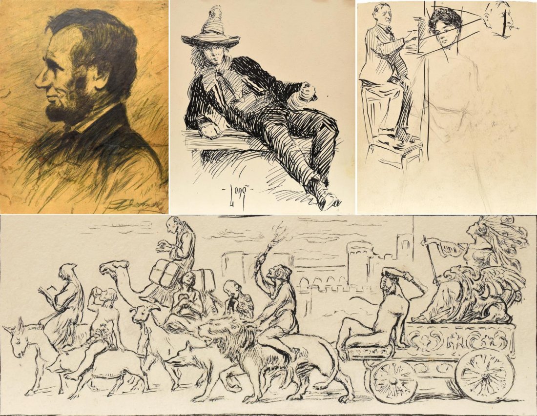 (3) GROUP OF UNFRAMED ARTWORK, DRAWINGS & PRINT: (lot of 3) Group of unframed artwork, comprising: (1) ink drawing on paper, Reclining figure, signed lower left Long (Stanley M. Long, American 1892-1972), with figural study sketch verso, 7.5"h, 6.25