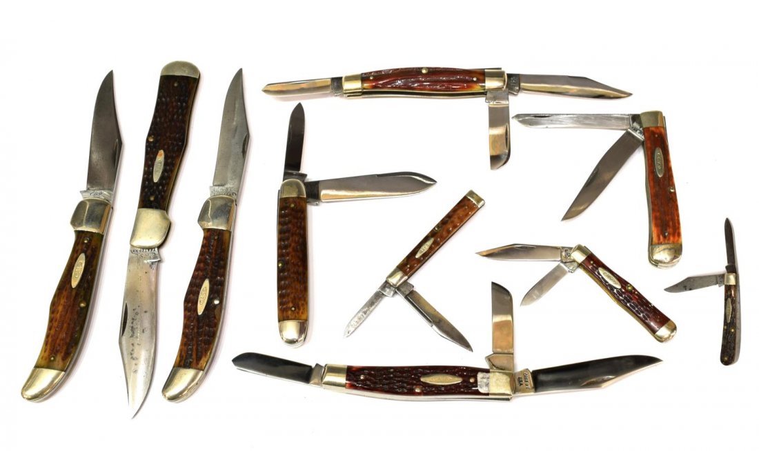 (10) POCKET KNIVES, CASE: (lot of 10) Case pocket knives: (1) Case XX USA, four dots, #6375, three blades; (1) Case Tested XX, two blades: (1) Case Tested XX, two blades; (1) Case XX, USA, #6254, two blades; (1) Case Tested XX