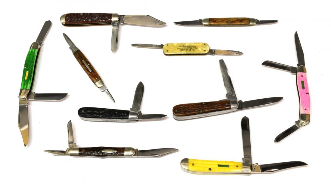 (10) POCKET KNIVES, CASE, WINCHESTER: (lot of 10) Pocket knives: (1) W.R. Case & Son, Tested XX, #6231, two blades; (1) Case Tested XX, three blades; (1) Case XX, John Deere, #6207SS, yellow, two blades; (1) Case XX, John Deere, #6347SS,