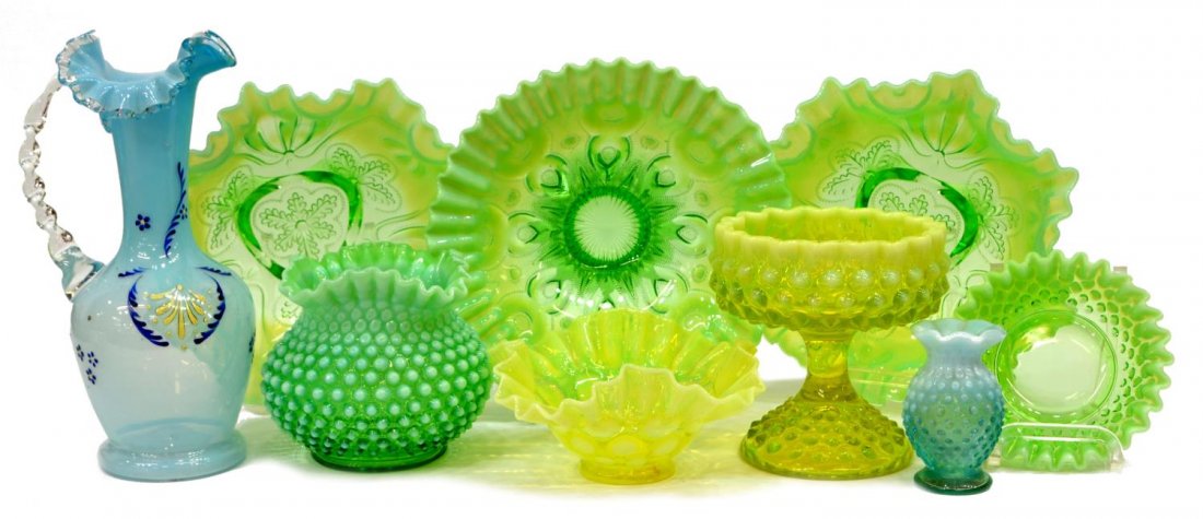 (9) VINTAGE HOBNAIL & OTHER ART GLASS TABLE ITEMS: (lot of 9) Collection of vintage hobnail and other art glass, some Fenton, including Victorian blue blown glass ewer with applied colorless handle, blue enamel decor, (3) green bowls, each having ruff