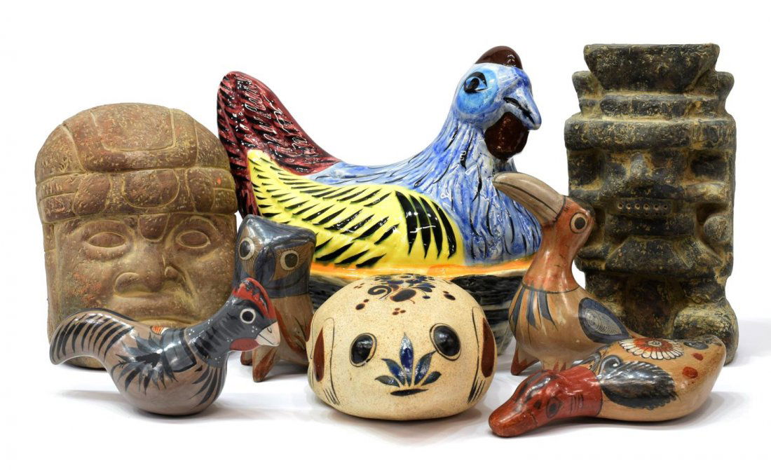 (8) FIGURAL MEXICAN POTTERY GROUP, 20TH C: (lot of 8) Mexican hand made pottery items, comprising: (1) polychrome glazed hen-on-nest; (4) polychrome birds; (1) earthenware frog; (2) terra cotta cast Mayan figural sculpture and bust; largest: 1