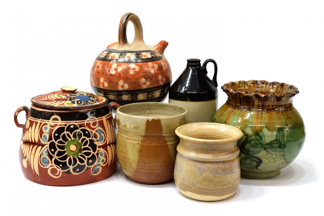 (6) MEXICAN GOURD & EARTHENWARE POTTERY GROUP: (lot of 6) Earthenware pottery group, comprising: (1) Mexican hand made large polychrome lidded container, having applied handles to sides; (1) Mexican gourd form water jug/pitcher; (1) green glazed f