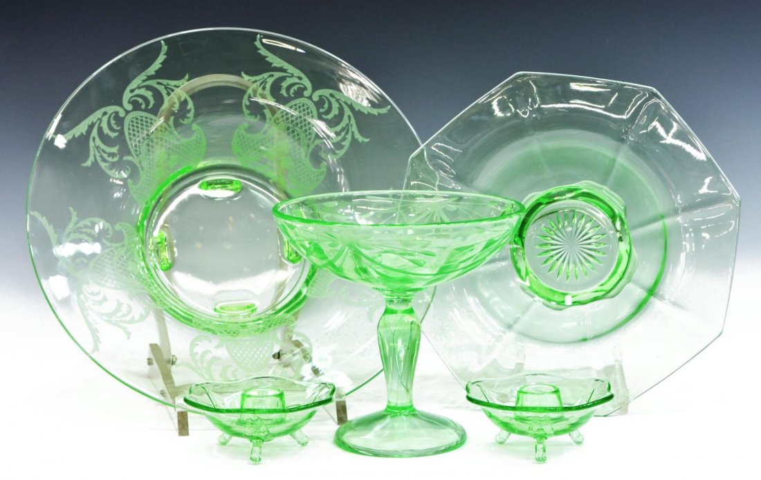 (5) COLLECTION OF ETCHED DEPRESSION GLASS ITEMS: (lot of 5) Collection of etched depression glass items, comprising: (1) large bowl with foliate and crest pattern; (1) footed compote, foliate etched pattern; (1) octagon shaped bowl; (2) short candle