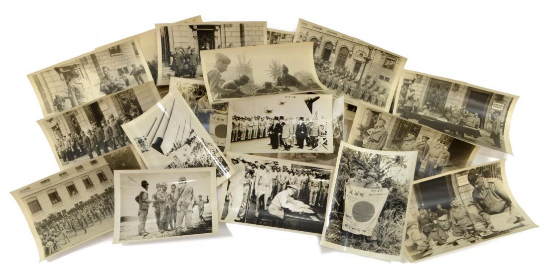 (19) WWII PHTOS JAPAN SURRENDER, TOKYO & CHINA: (lot of 19) WWII photos of Japanese surrenders: (3) surrender to Admiral Nimitz on the Battleship Missouri in Tokyo Bay on September 2, 1945; (12) surrender to U.S. Major General Keller E. Rockey, U.S
