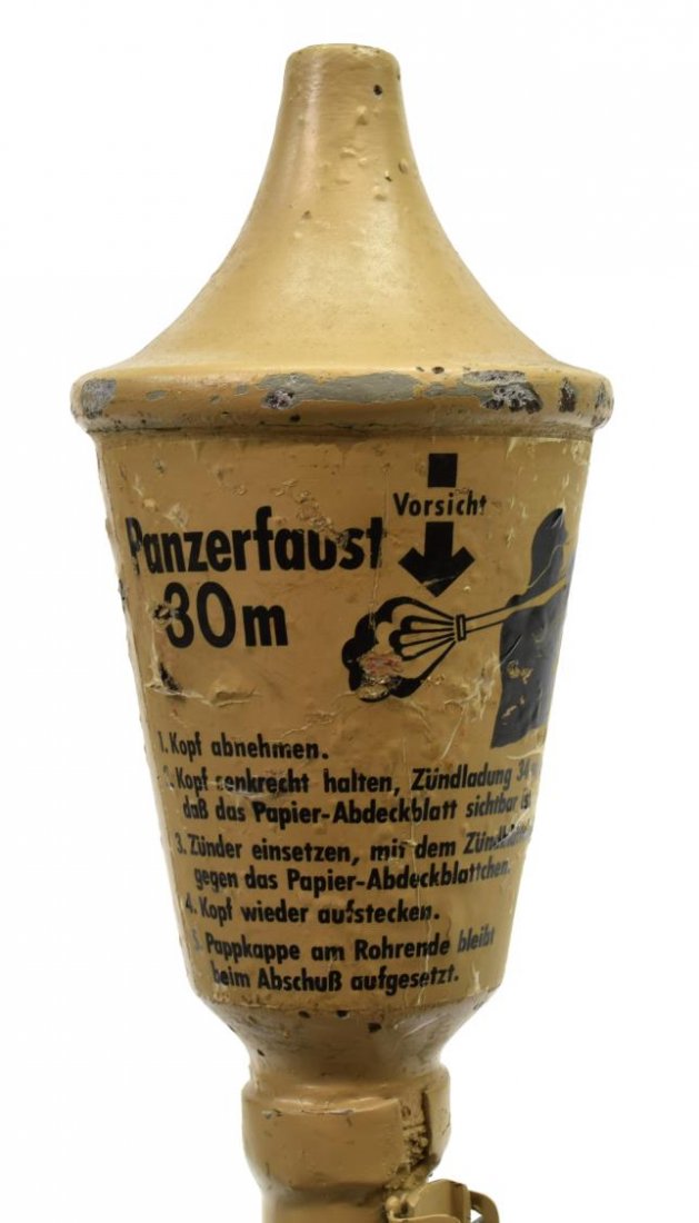 DEACTIVATED GERMAN WWII PANZERFAUST 30m: Deactivated German WWII 30m Panzerfaust, a single shot anti-tank weapon, decals including operating label present, overall: 39"l, 4"diameter, 4.75lbs *Provenance: Dispersal of the Blanco County WW2 Mu