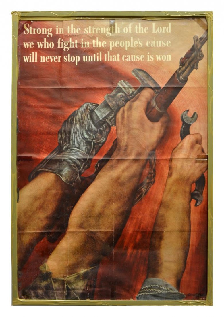 AMERICAN WWII PATRIOTIC POSTER: Framed American WWII patriotic poster by David Stone Martin (1913-1992 also known for Jazz record covers and Time magazine covers), the legend: "Strong in the strength of the Lord, we who fight in the