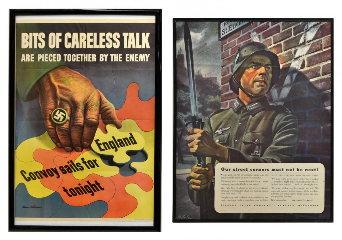 (2) AMERICAN WWII PATRIOTIC POSTERS, CARELESS TALK: (lot of 2) Framed American WWII patriotic posters: (1) "Bits of Careless Talk Are Pieced Together by the Enemy", a hand with a Nazi ring studies a puzzle titled "Convoy Sails For England Tonight", art