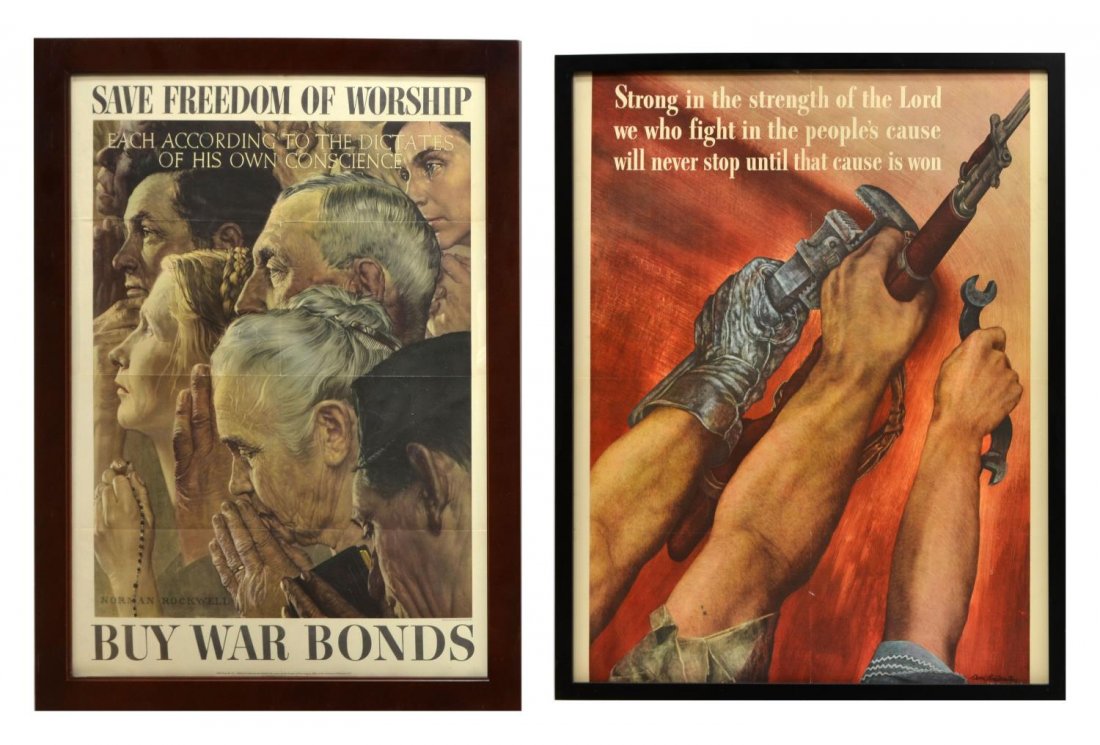 AMERICAN WORLD WAR II PATRIOTIC POSTERS, ROCKWELL: (lot of 2) Framed American WWII patriotic posters: (1) Save Freedom of Worship...Buy War Bonds", one of a series of four by Norman Rockwell (1894-1978), sight: 27.5"h, 19.5"w, overall: 30.75"h, 23"w; 