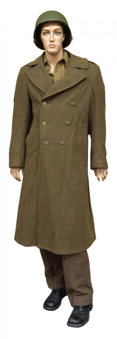 AMERICAN WWII SOLDIER DRESSED MUSEUM MANNEQUIN: American WWII dressed mannequin representing U.S. Army soldier in wool winter long coat and pants, extra boots, , approx. 73" tall *Provenance: Dispersal of the Blanco County WW2 Museum collection, Bl