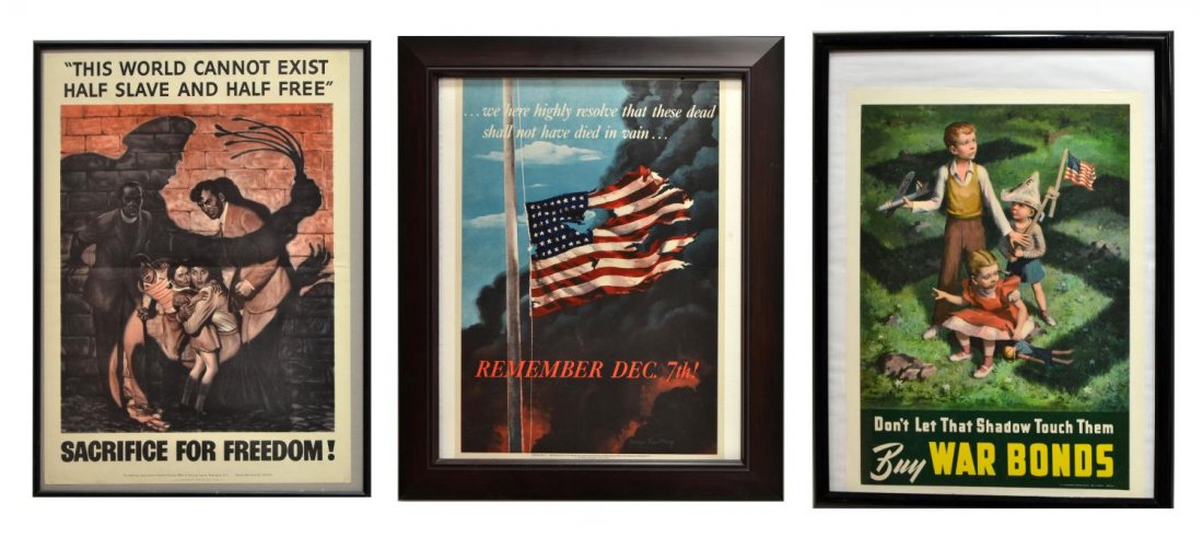 (3) AMERICAN WWII PATRIOTIC WAR BONDS POSTERS: (lot of 3) Framed American WWII patriotic posters: (1) "We here highly resolve that these dead shall not have died in vain...Remember Dec. 7th!", a torn U.S. flag waves amists smoke and fire, art by A