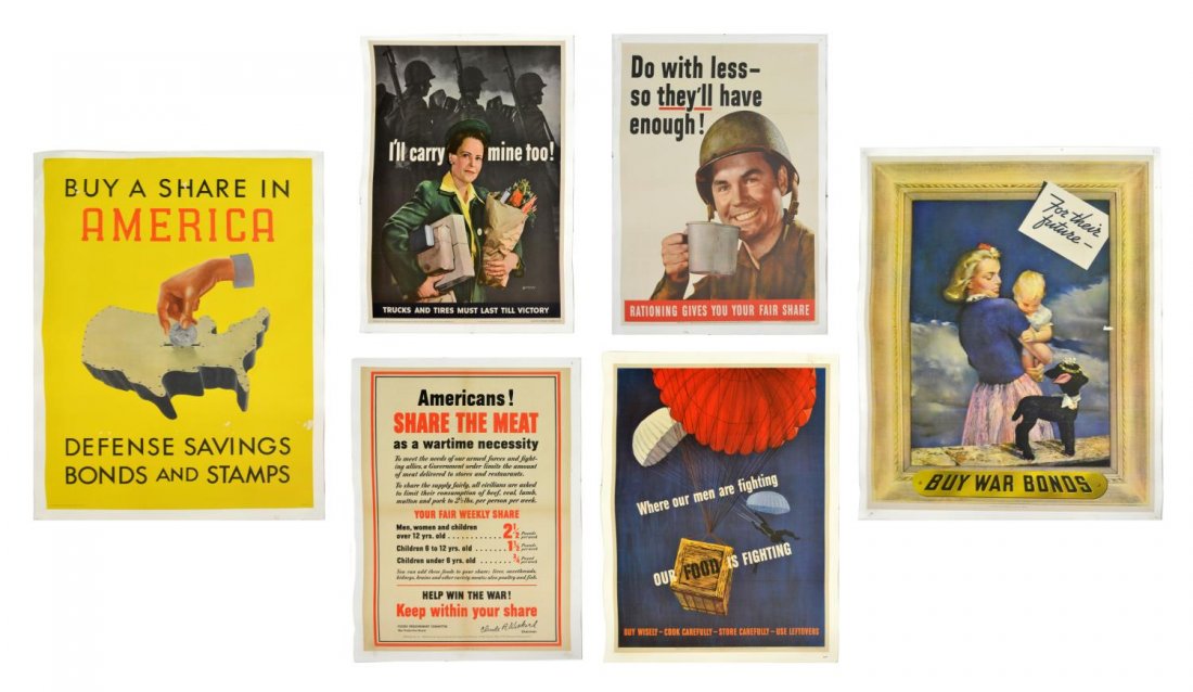 (6) AMERICAN WWII PATRIOTIC POSTERS: (lot of 6) Unframed American WWII patriotic posters: (1) "Where our men are fighting, Our Food Is Fighting, Buy Wisely, Cook Carefully, Store Carefully, Use Leftovers", a food storage box being parach