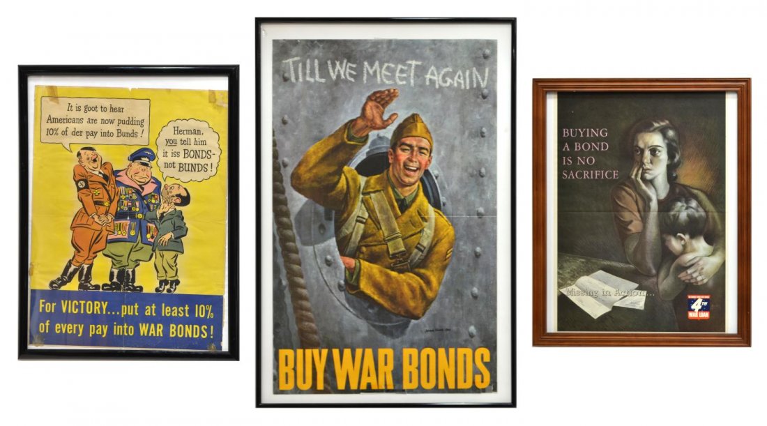 (3) AMERICAN WWII PATRIOTIC BONDS POSTERS: (lot of 3) Framed American WWII patriotic posters, War Bonds: (1) "Till We Meet Again", soldier waving goodbye from ship porthole, art by Joseph Hirsch (1910-1981); (1) "Buying A Bond is No Sacrifice"