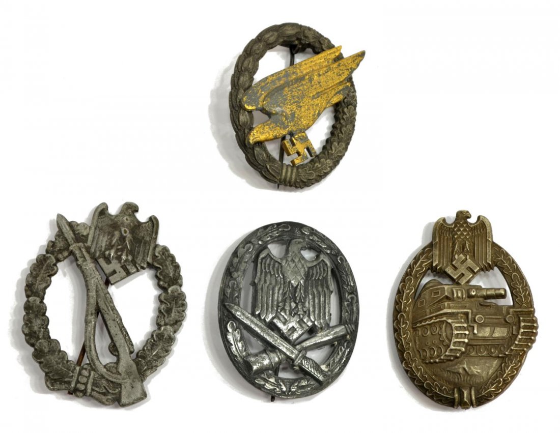 (4) GERMAN WWII MILITARY DECORATIONS, LUFTWAFFE: (lot of 4) German WWII military decorations: (1) Luftwaffe parachutist badge (Fallshirmjager), loss to gold; (1) Panzer Assault badge; (1) General Assault badge (may be repro) ; (1) Infantry Assault b