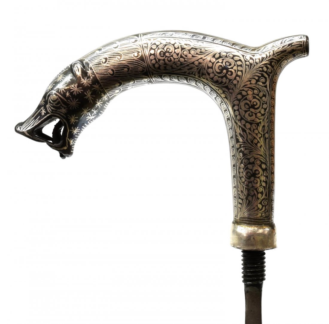 MODERN KOFTGARI STYLE FIGURAL WALKING STICK SWORD (1 of 9)