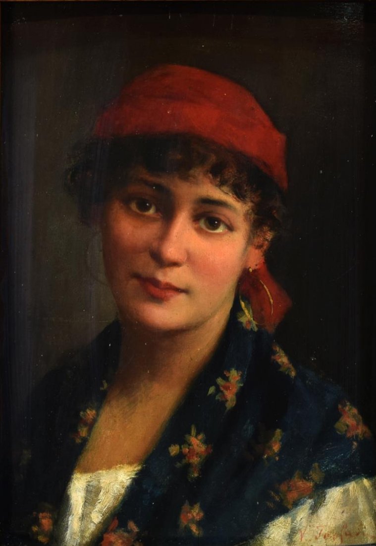 VITTORIO TESSARI (AMER 1860-1940) PORTRAIT, GYPSY: Framed oil on board painting, Portrait of a Gypsy Woman, signed lower right V. Tessari (Vittorio Tessari, American 1860-1940), sight: 10"h, 6"w, overall: 14.25"h, 11.25"w, 2lbs Start Price: $400.00