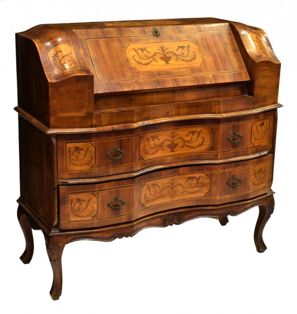 ITALIAN MARQUETRY FALL FRONT SECRETARY, 20TH C (1 of 3)