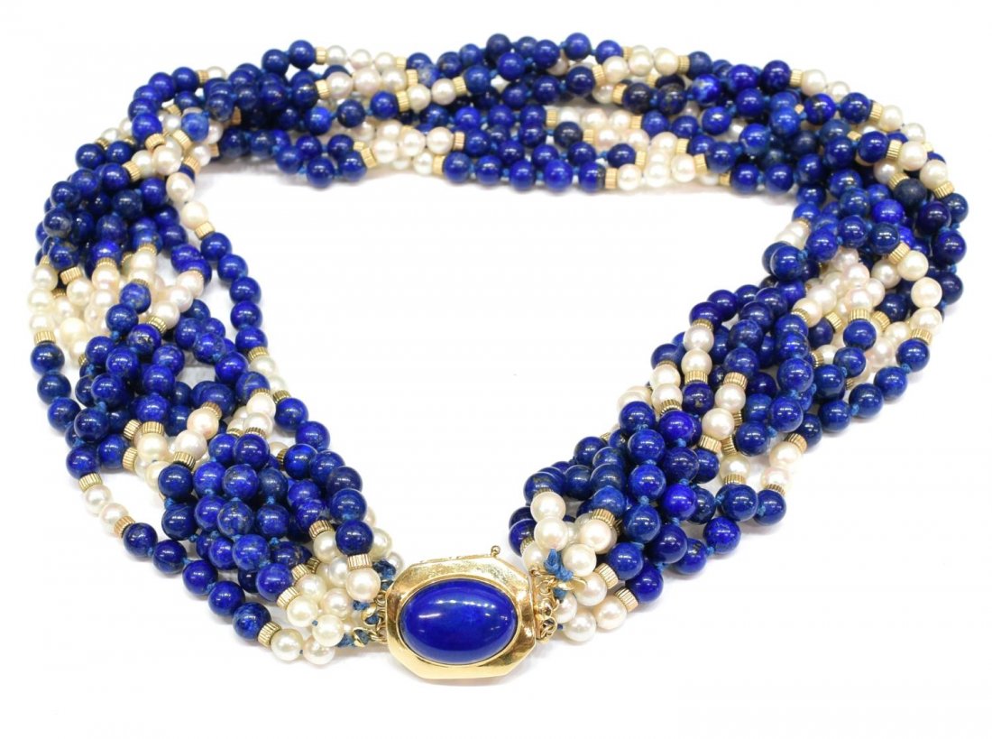 LADIES ESTATE 14KT, LAPIS LAZULI & PEARL NECKLACE (1 of 6)