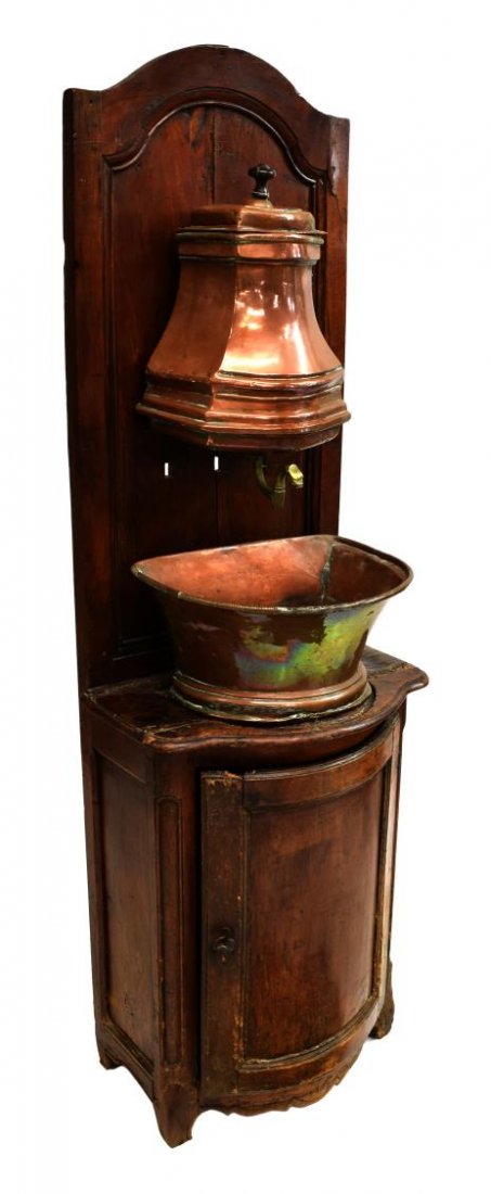 FRENCH PROVINCIAL COPPER LAVABO ON WALNUT CABINET (1 of 4)