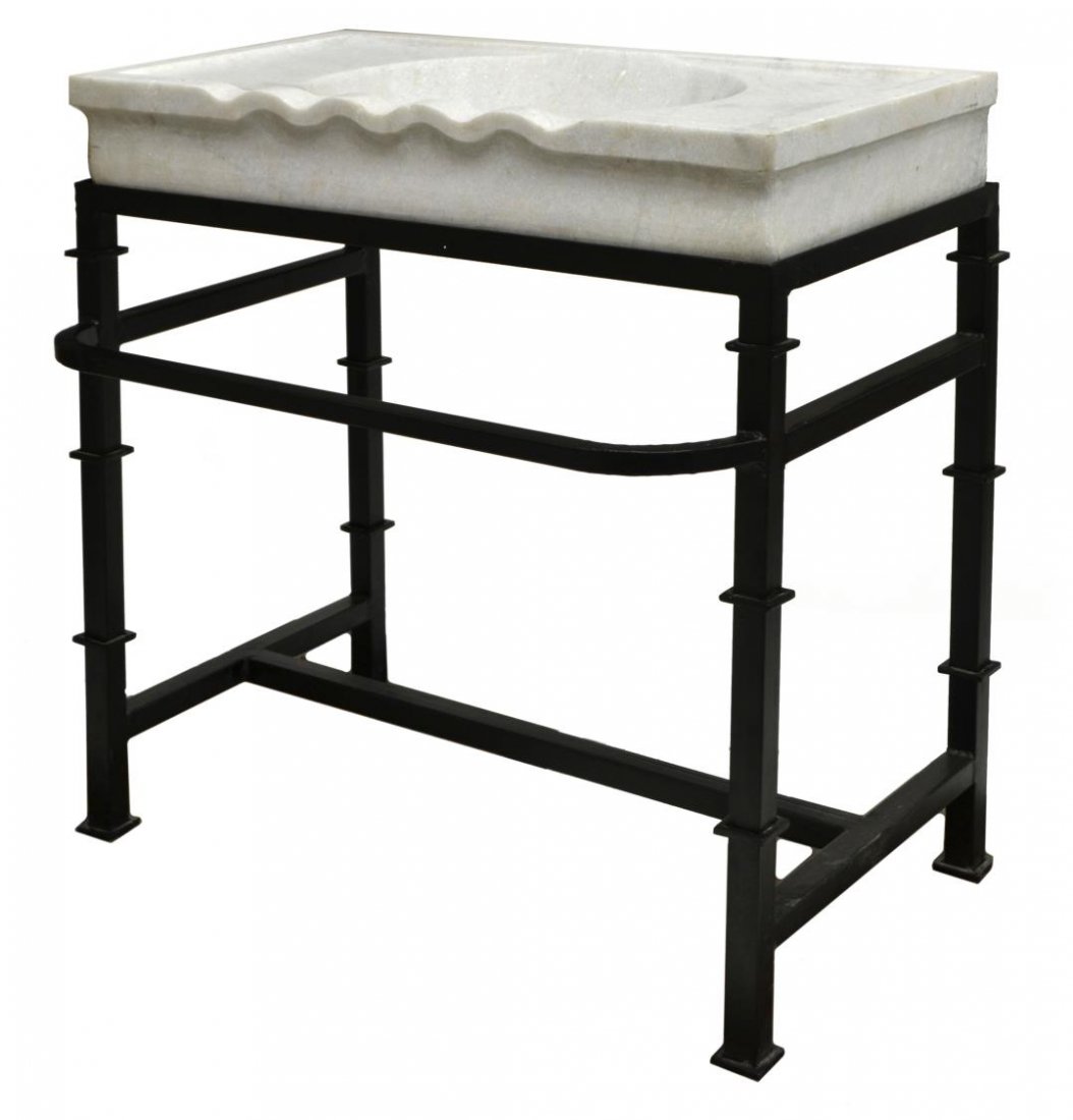 LARGE CARVED MARBLE SINK ON WROUGHT IRON STAND (1 of 2)