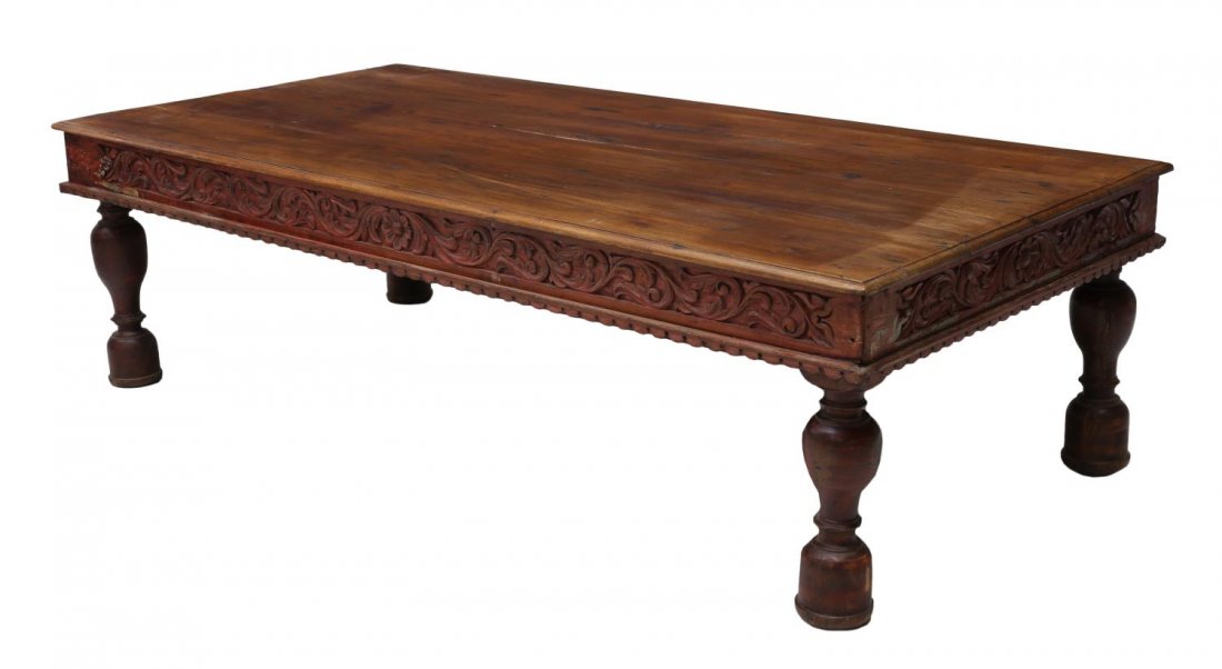 RUSTIC CARVED & PAINTED TEAKWOOD LONG COFFEE TABLE (1 of 4)