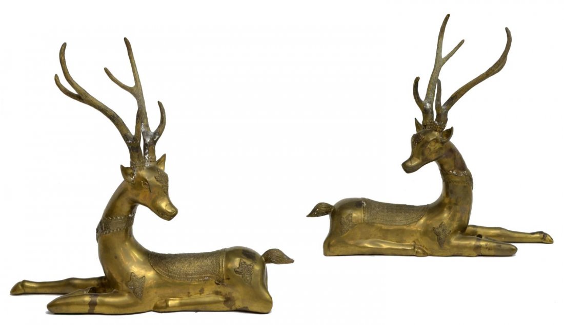 (2) LARGE ASIAN RECUMBENT BRASS DEER SCULPTURES (1 of 3)