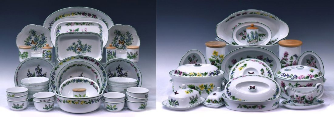 (54) ROYAL WORCESTER "WORCESTER HERBS" SERVICEWARE: (lot of 54) Royal Worcester "Worcester Herbs" serviceware, comprising: (10) small "Peppermint" bowls, 2.5"h, 4.75" diam.; (10) "Wild Thyme" and "Sage" soup bowls, 3"h, 6.25" diam.; (1) "Feverfew" and 