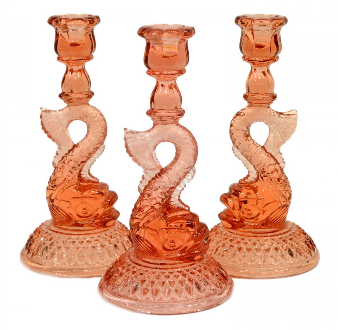 (3) VINTAGE DOLPHIN FORM PINK GLASS CANDLESTICKS (1 of 2)