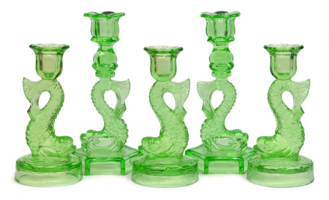 (5) GREEN VASELINE GLASS DOLPHIN CANDLESTICKS (1 of 2)