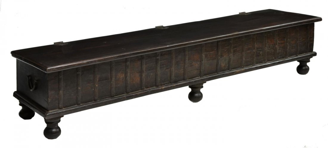 LONG TEAKWOOD STORAGE CHEST WITH IRON STRAPPING (1 of 3)