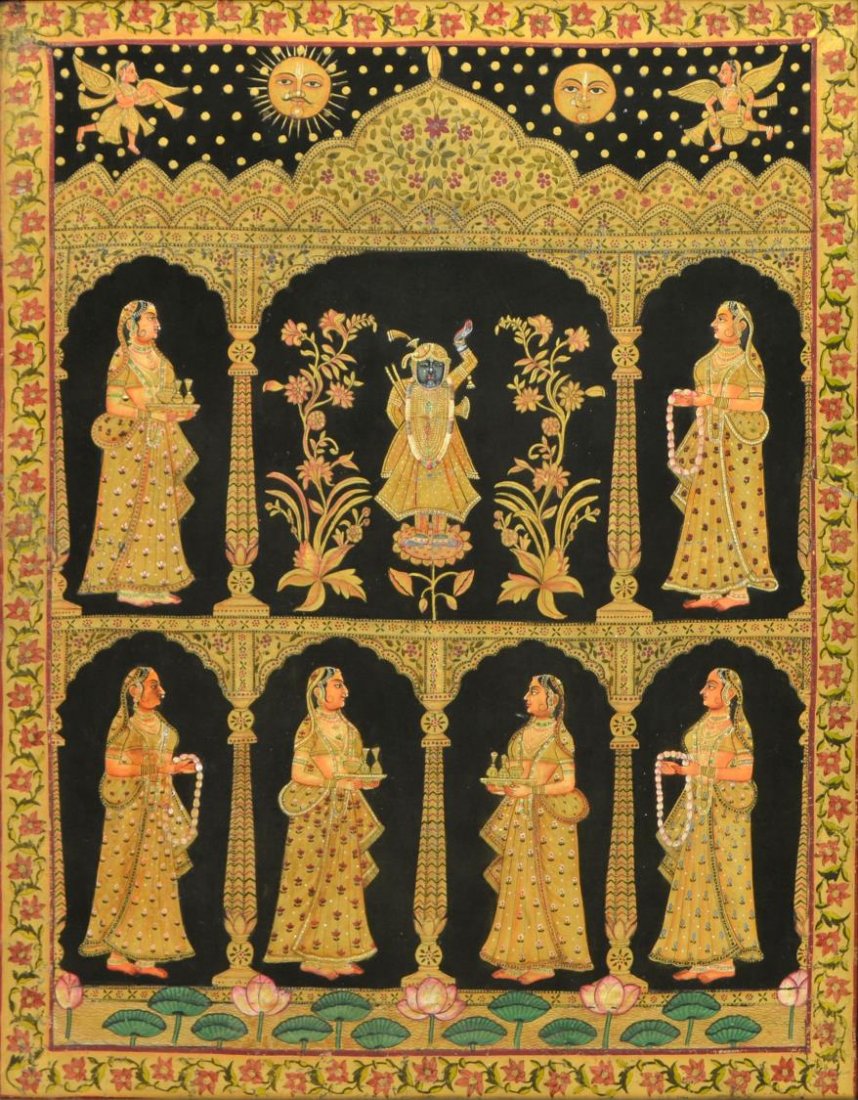 INDIA TEMPLE PAINTING, KRISHNA & ATTENDANT FIGURES (1 of 4)