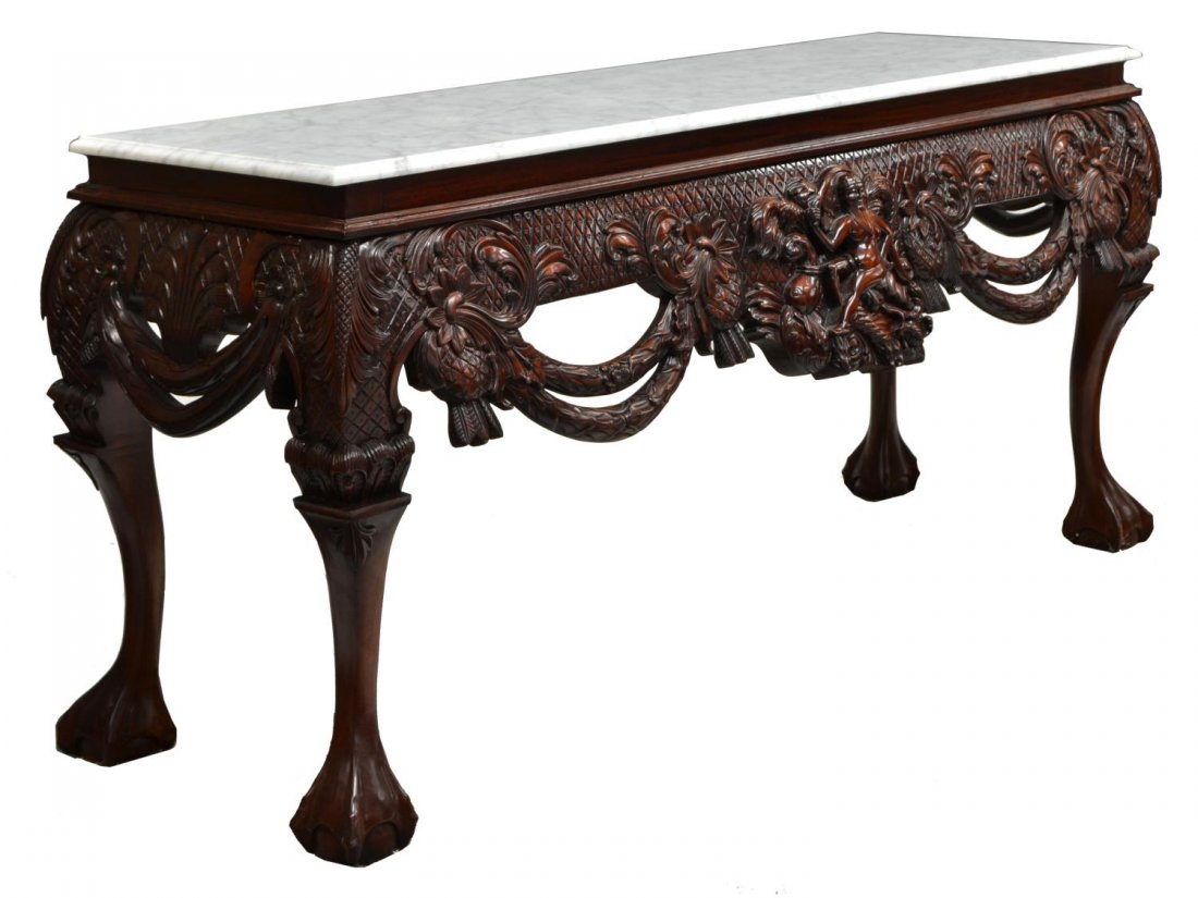 HEAVILY CARVED MAHOGANY CONSOLE TABLE, 20TH C. (1 of 3)