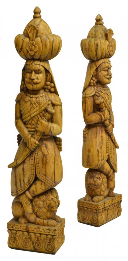 (2)ARCHITECTURAL CARVED TEMPLE GUARDIAN FIGURES (1 of 4)