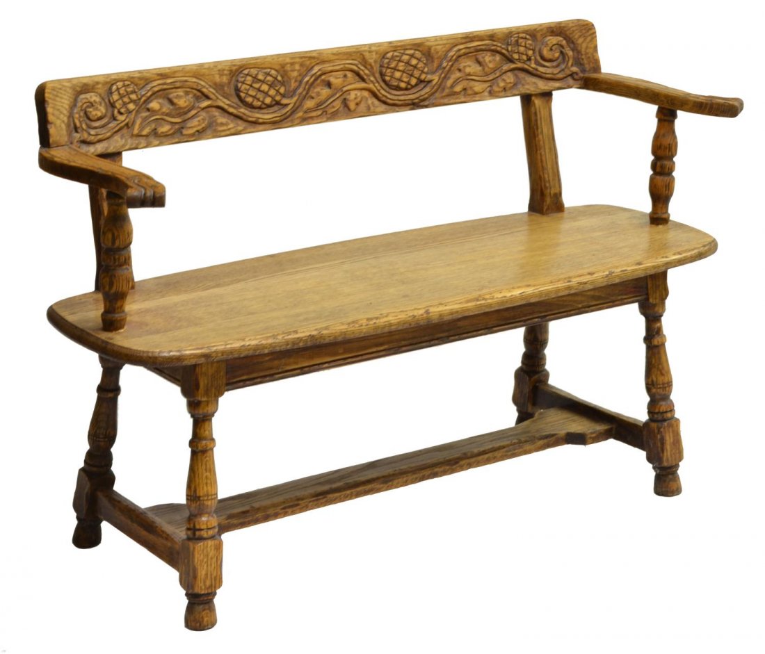 CARVED OAK TWO-SEATER BENCH, 20TH C. (1 of 2)