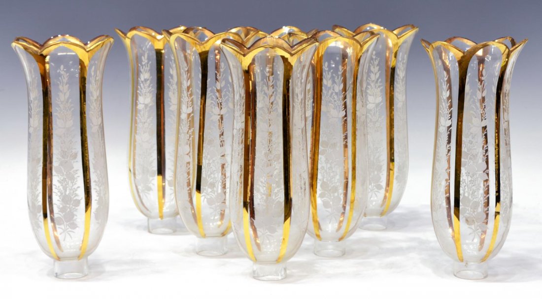 (8)FLORAL ENAMELED & GILDED GLASS HURRICANE SHADES (1 of 3)