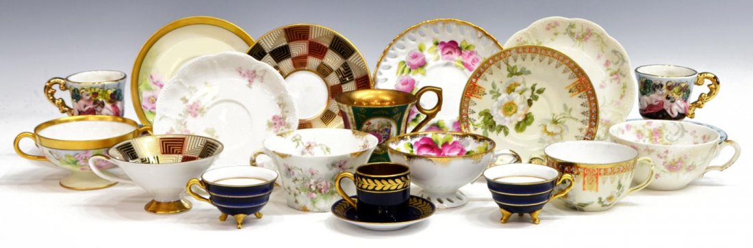 (21) COLLECTION OF PARCEL GILT TEA CUPS & SAUCERS: (lot of 21) Collection of parcel gilt porcelain tea cups and saucers, various makers and patterns, from France, Japan, Dresden and more, highlights include: Capodimonte teacups with matching saucers;