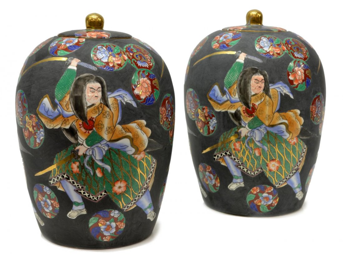 (2) JAPANESE FIGURAL LIDDED PORCELAIN KUTANI JARS (1 of 3)