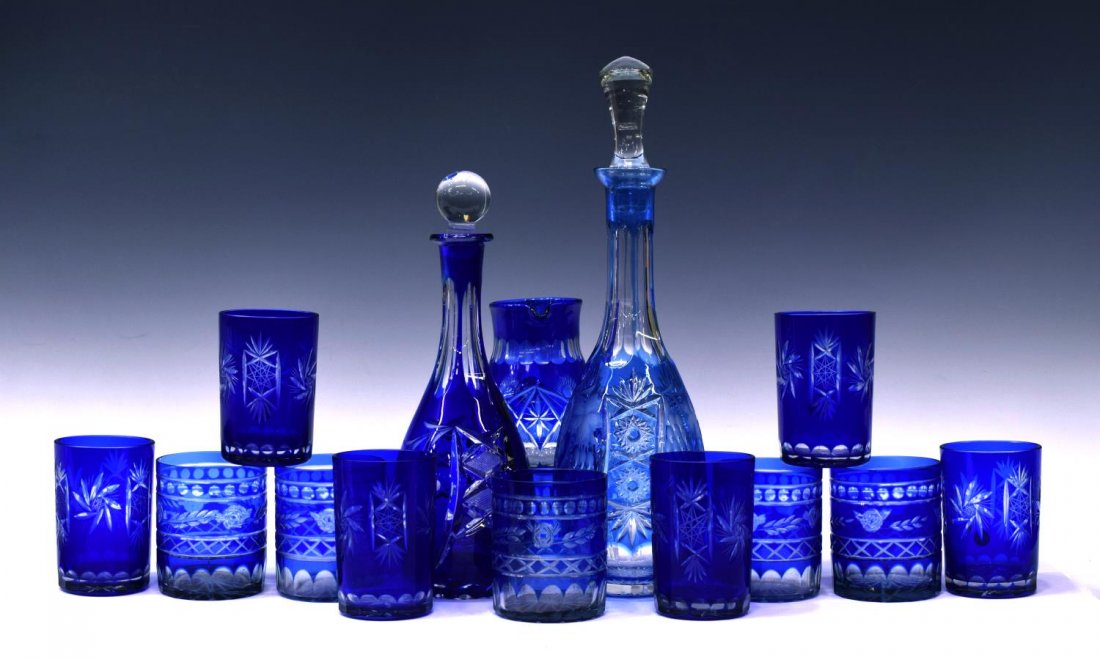 (14) GROUP OF COBALT CUT TO CLEAR GLASS DRINKWARE (1 of 7)